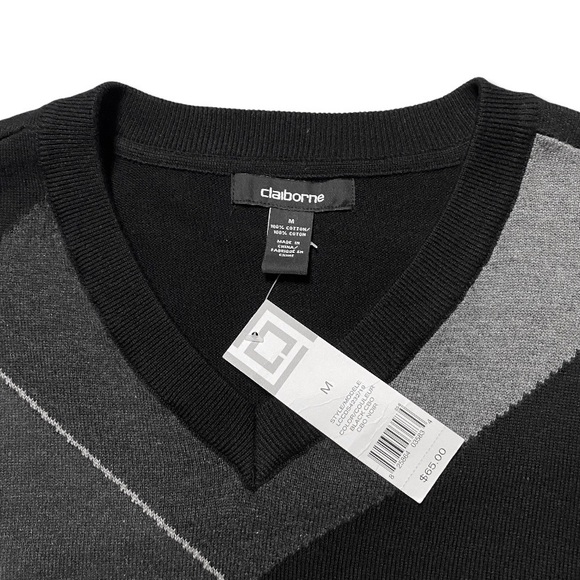 MWT Men’s Claiborne Argyle V Neck Sweater Black - Picture 4 of 9